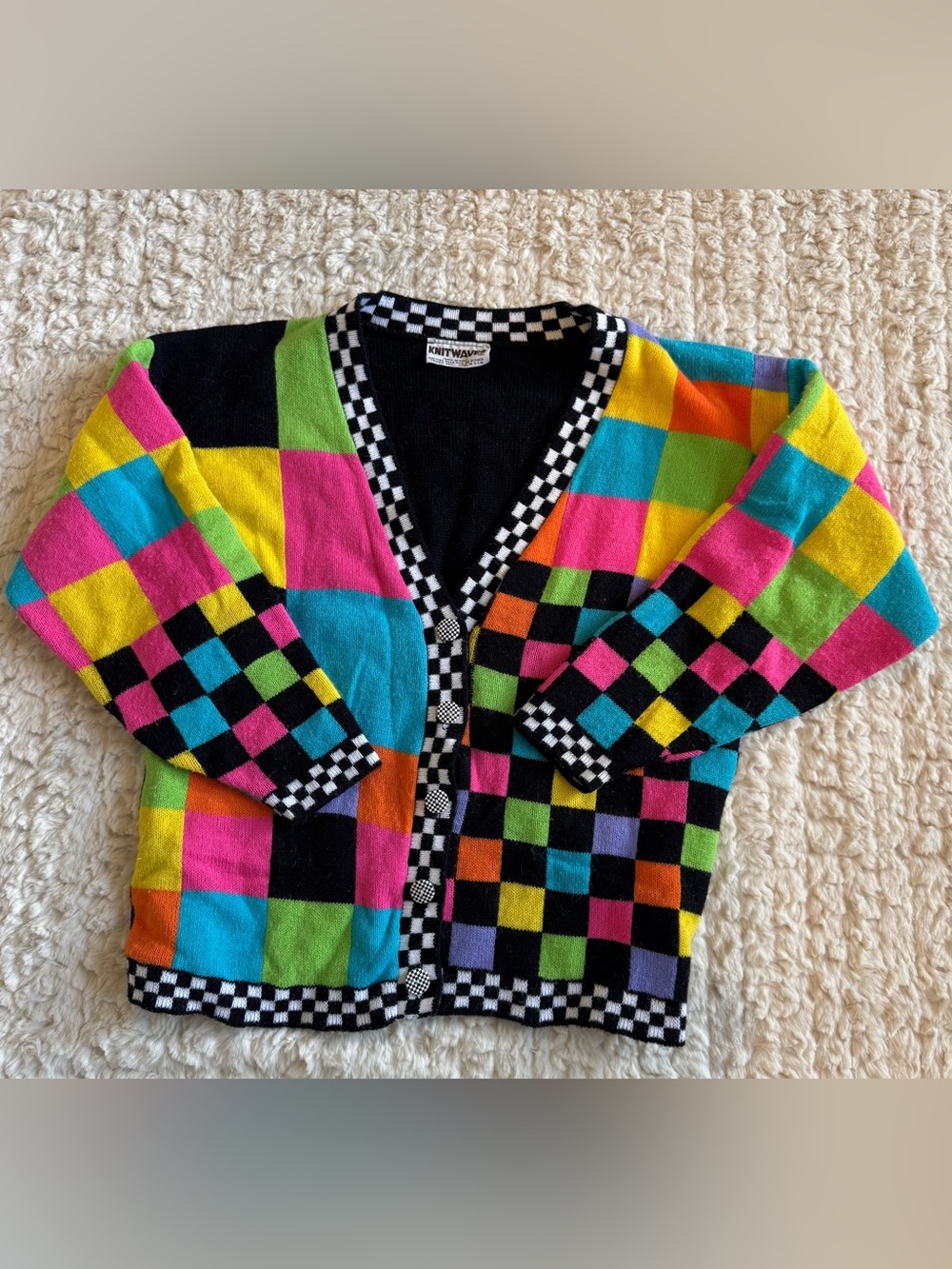 VTG 80s/90s Knitwaves Neon Colorblock Checkerboard Cardigan